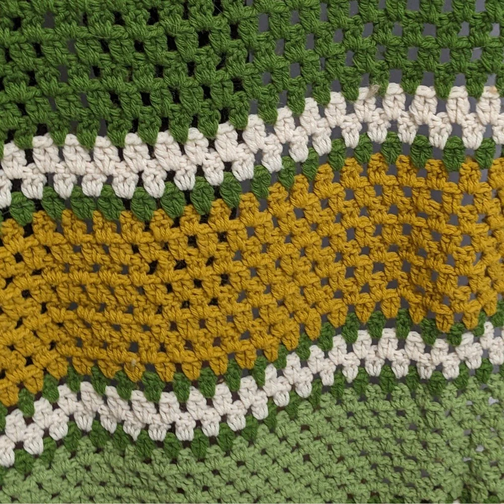 Vintage Handmade Crochet Afghan Throw Blanket Retro Green Orange Yellow Striped